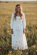 Mango MNG Floral Embroidered Linen Midi Dress White Square Neck Button Front S 4