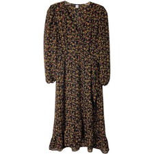 Old Navy black orange red floral cottagecore ruffle faux wrap midi dress small