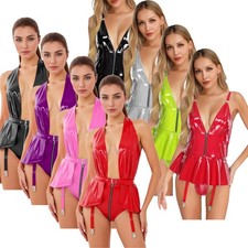 US Womens Wet Look Leather Babydoll Bodysuit Leotard Bodycon Lingerie Jumpsuit