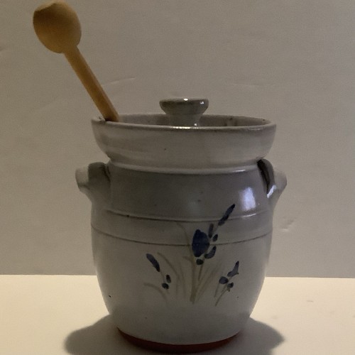 Pottery honey jar pot 1993 Owens pottery salt glazed Wood Honey Dipper Vintage - Picture 1 of 6