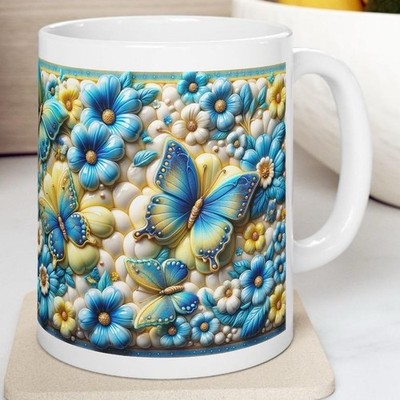 Gelb Blau Blume Schmetterling Tasse 11oz Kaffeebecher Geschenke Süß Lustig