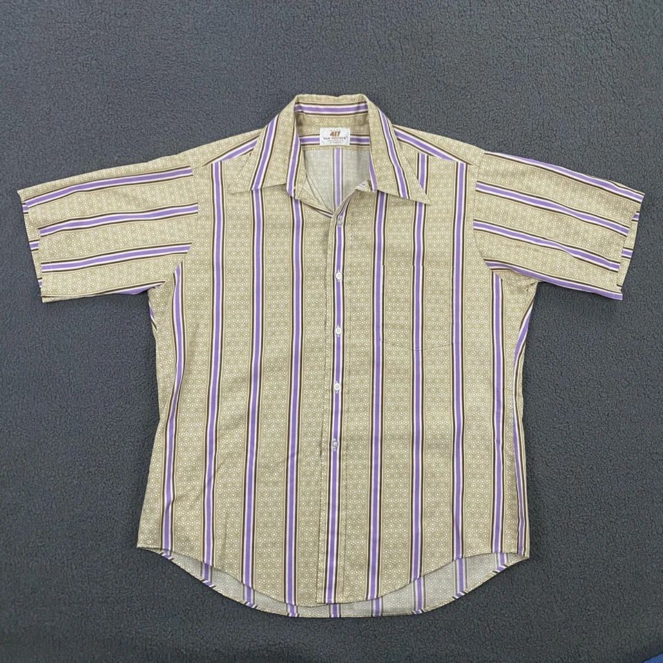 VTG Van Heusen Shirt Mens Large Dagger Collar Stripe Vanopress V Taper 70s Disco - Image 2 of 4