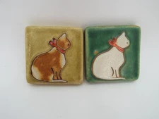 Pair of Pewabic Pottery Detroit Cat Tiles 2.75"