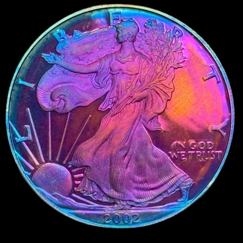 American Silver Eagle Proof 2002 999 Silver Monster Rainbow Toning Uncirculated