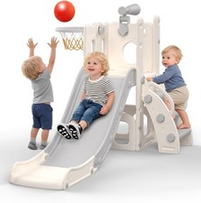 Childrens Indoor Slide with Basketball Hoop Toy Telescope 4 in 1 Grey Plastic  