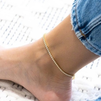 4Ct Round Cut Real Moissanite 14K Yellow Gold FN 9.5 IN Women's Tennis Anklet