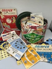 Lot Vintage Sewing Notions Fastener Hooks And Eyes Snaps Button Covers Candy Tin