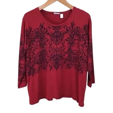 Weekends by Chico’s Red Black Damask 3/4 Sleeve Top 3 (XL)