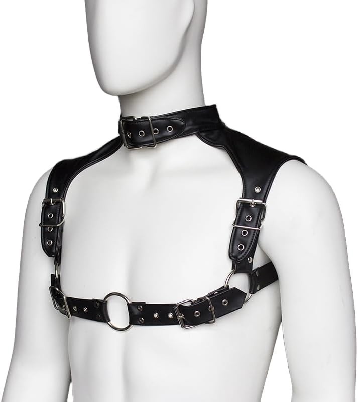 Men's Body Chest Harness Belt, Adjustable Faux Patent Leather Neck Collar Choker
