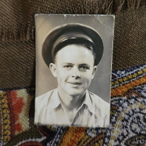 VTG Photo Booth Portrait Handsome Young Man Uniform Hat Military Smiling WWII