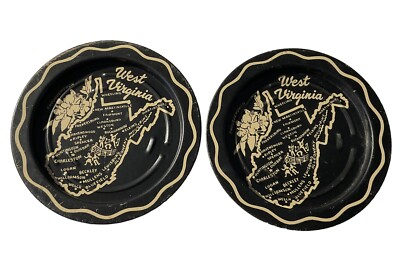 West Virginia State Souvenir Map Black Gold Tin Coaster Tole Look