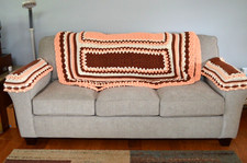 Vintage Handmade Crochet Afghan Sofa Throw 60" x 72" with Arm Covers 15" x 25"