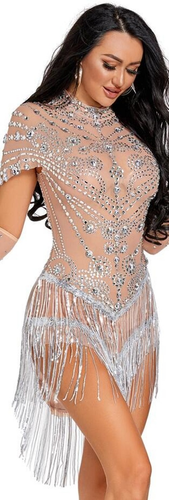 Sparkly Rhinestone Sexy Perspective Crystal Leotard Nightclub Outfit Costume - Picture 7 of 14