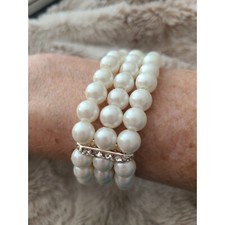 Wide PEARL BRACELET BRIDAL Wedding 3 Strands Crystals Stretch  Pouch