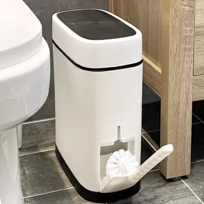 ONLINE-HOUSEHOLD Press Lidded Narrow Bathroom Waste Bin Rubbish Trash Can Dustbin w/ Toilet Brush