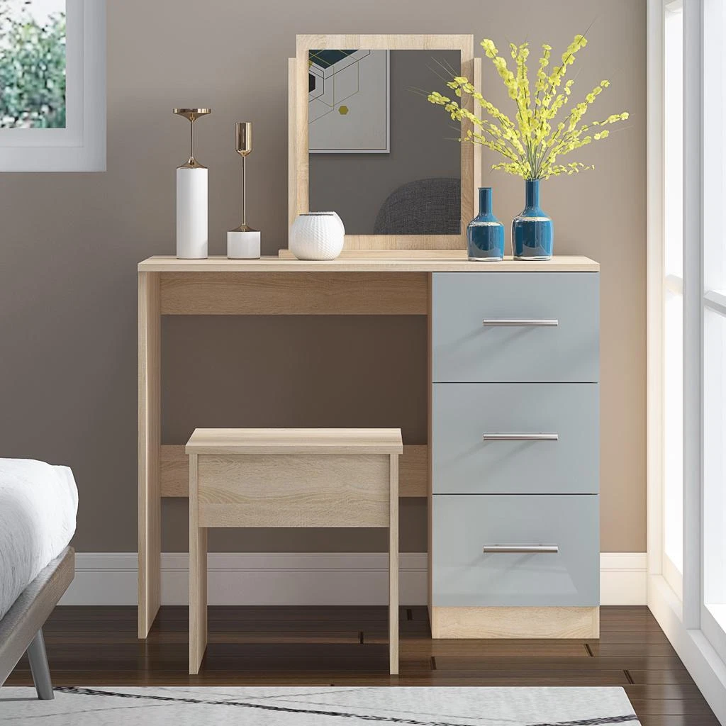Single Drawer Dresser With mirror and stool in HIGH GLOSS GREY