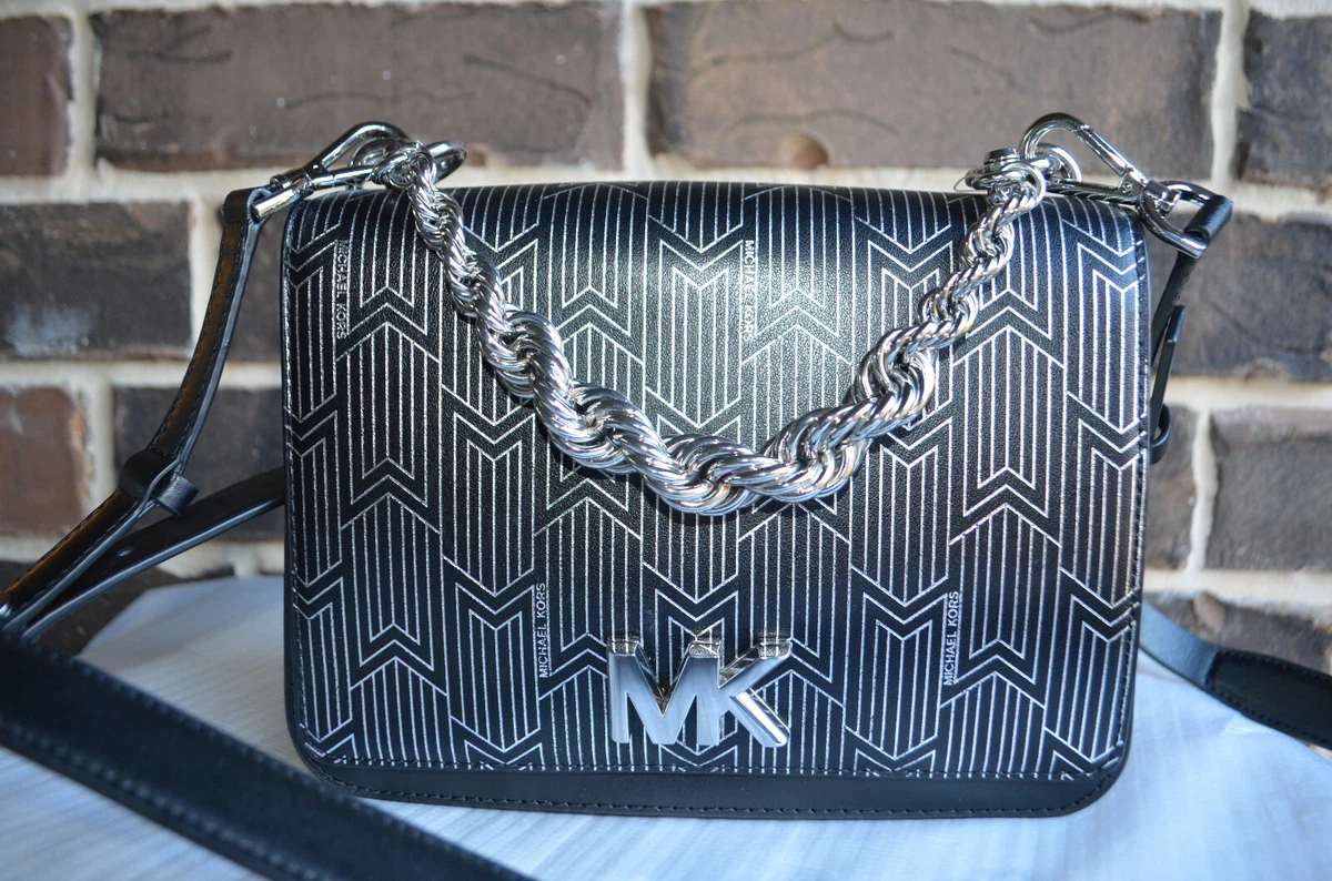 NWT $358 Michael Kors Mott Large Twisted Chain Swing Shoulder Bag Black  Silver