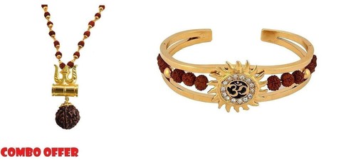 Lord Shiva Brass Shakti Kavach Rudraksha Trishul Damru Locket &Bracelet Kada Set - Foto 4 di 9