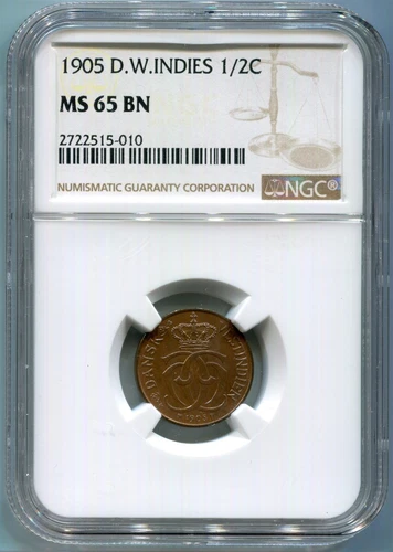 Danish West Indies - 1905 1/2 cent in NGC MS65 BN L2