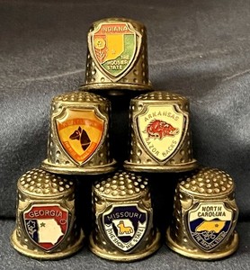 Lot of 6 Vintage State Souvenir Thimbles Pewter Enamel NC MO IN AR KY GA Travel