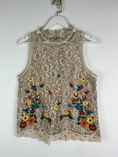 Umgee Lace Blouse Medium Woman M Floral Tank Top Boho Shirt Lined Babydoll