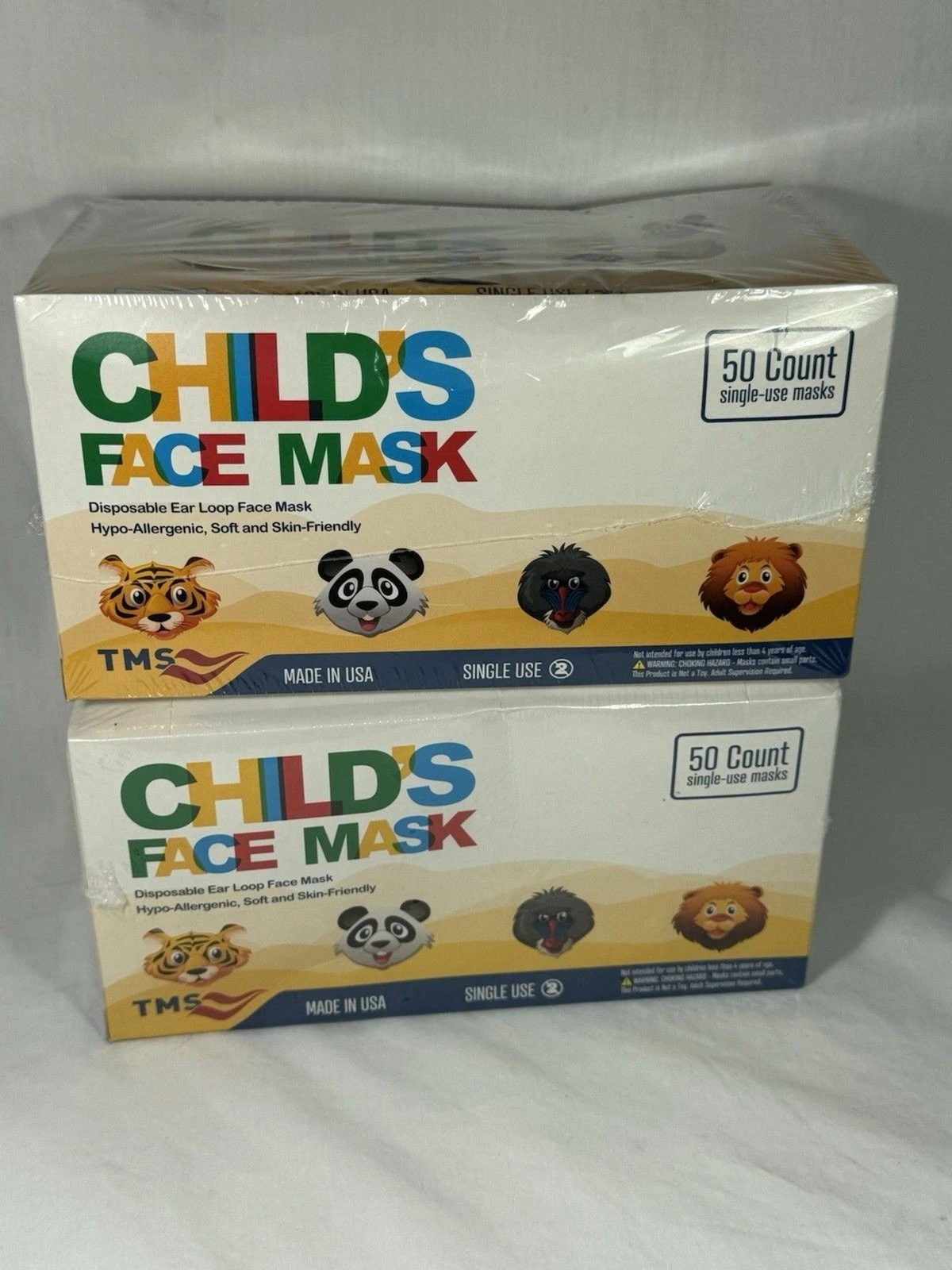 2 Box Lot TMS Child’s Disposable Face Masks , Made in USA 3-Layer Hypoallergenic