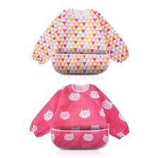 2 Pack Full Sleeved Feeding Bib Waterproof Apron with Pocket for 6-36 Months