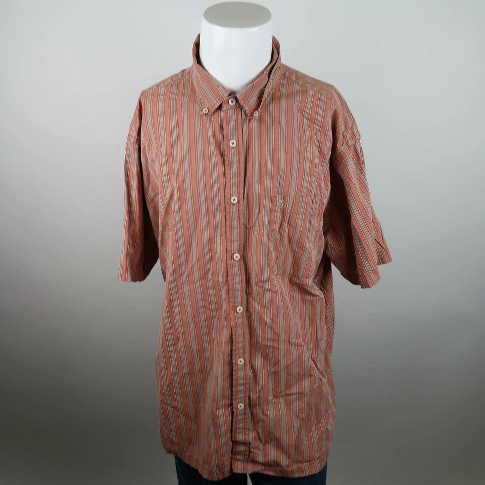 Camisa con botones Aigle para hombre 2XL naranja azul manga corta algodón bolsillo a rayas Foto 2 de 4