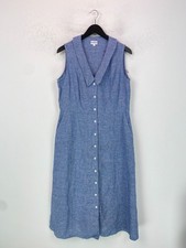Brora Blue Check Midi Shirt Dress Sleeveless Button Front Linen Pockets UK 14