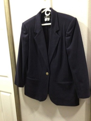 VTG Sag Harbor Navy Blue Wool Blazer Jacket Womens Size 14 One Button Career