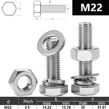 M22 HEX HEAD BOLTS HEXAGON BOLT+HEX NUTS+WASHERS A4 MARINE GRADE STAINLESS STEEL