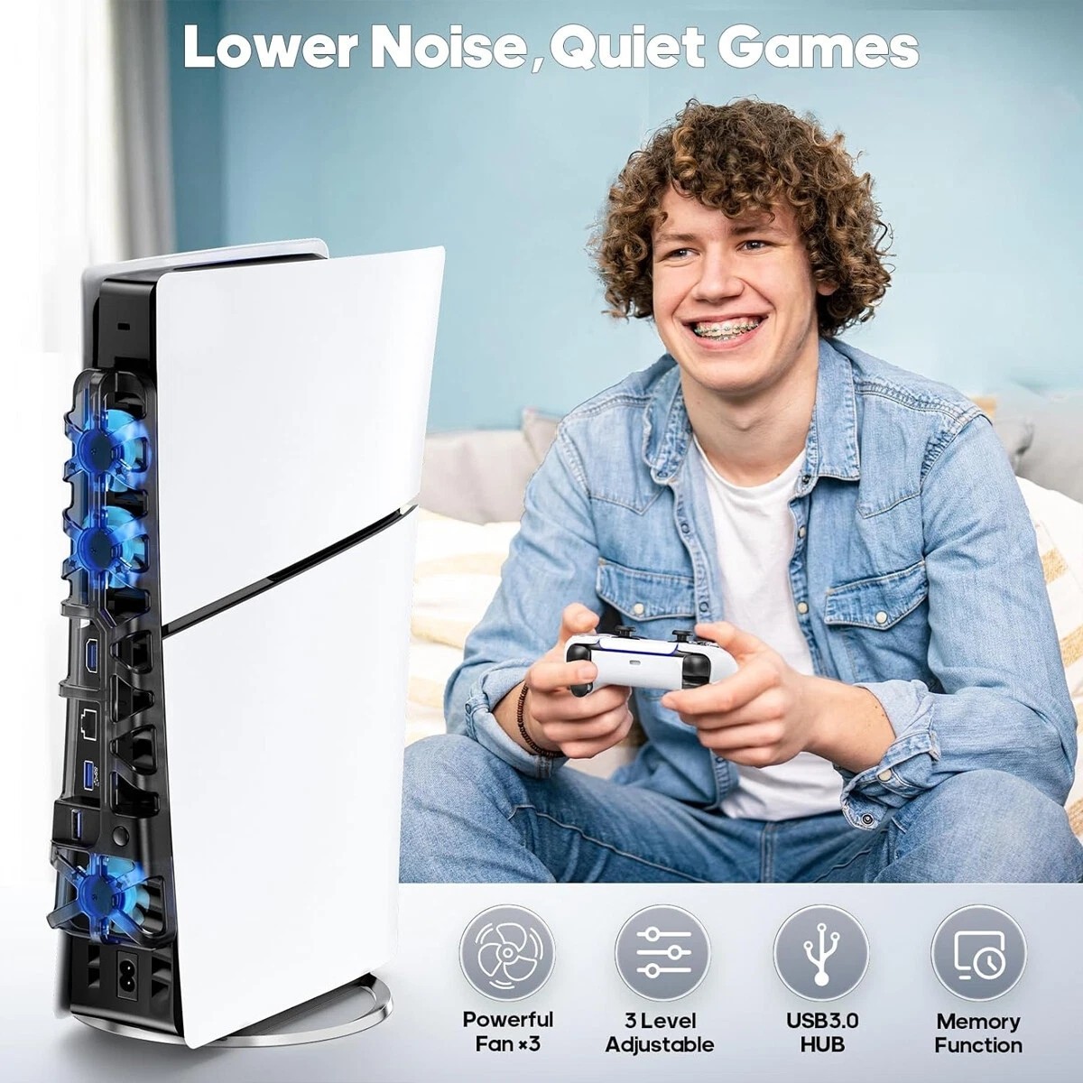 PS5 Slim Cooling Fan For PS5 Slim Disc/Digital Console Cooler Fan LED + USB 3.0