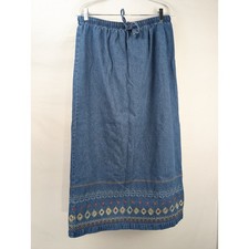 Vintage Y2K Embroidered Denim Maxi Skirt Size L Blue Jean Elastic Waist Western