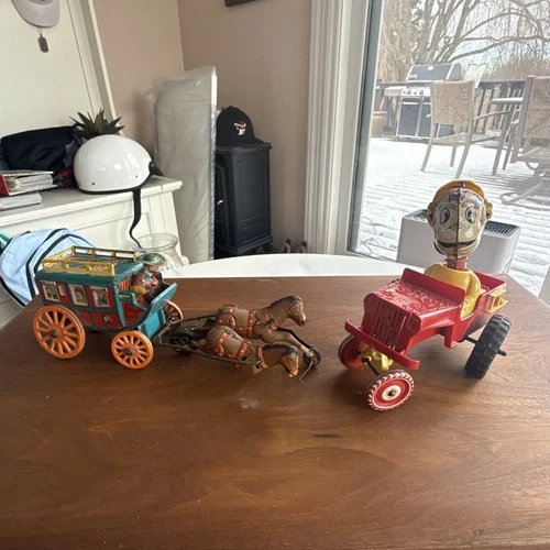 Vintage Marx Toys Tin Litho Wind Up Smokey Sam Fire Chief & Hadson Stage Coach