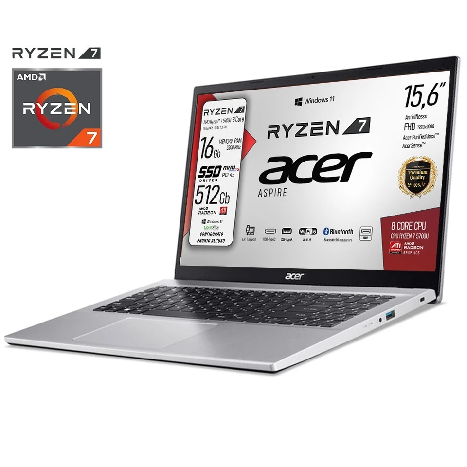 Notebook PC Acer Aspire AMD Ryzen 7 SSD NVMe 512 GB RAM 16 GB 15,6 FHD Win11 - Immagine 3 di 4