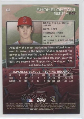 2018 Topps Stadium Club Shohei Ohtani #138 Rookie RC - Picture 2 of 3