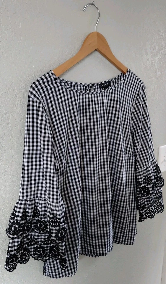 Tribal Womens Size Large Gingham Blouse with Eyelet Detail Layered Bell Sleeves - Image 4 of 4