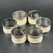 Vintage Set Of 6 Silver Plated And Cream Enamel Napkin Rings Great Quality MCM