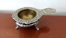 vintage GERMANY TEA STRAINER Cobalt Blue Glass in Silver Plate Ornate Holder
