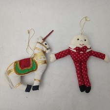 Lot Of 2 VTG 1980's Fabric Christmas Tree Ornaments ( Humpty Dumpty & Unicorn) 