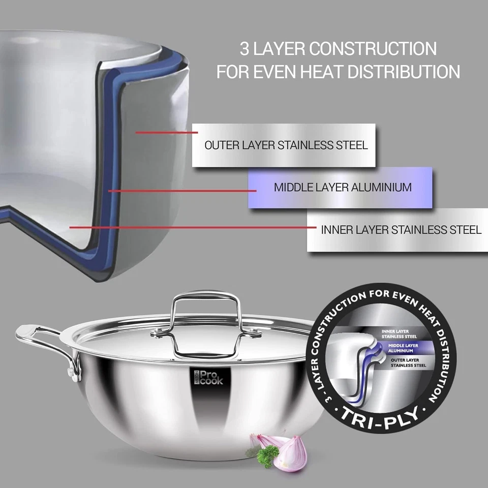 MILTON Pro cook Triply Deep Kadai e coperchio in acciaio inossidabile, 28 cm,... - Immagine 3 di 4