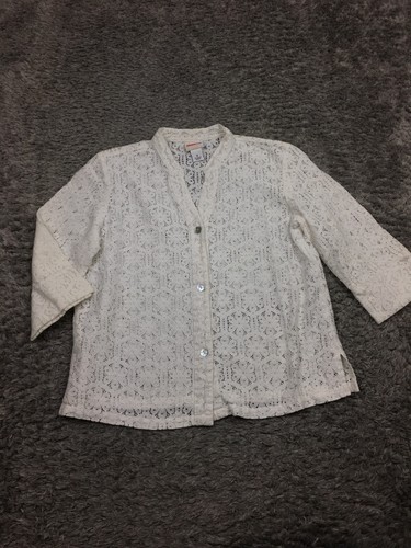 Ruby Rd. Favorites Top Damen Größe 12 Elfenbeinweiß Knopfleiste Transparent 3/4-Arm