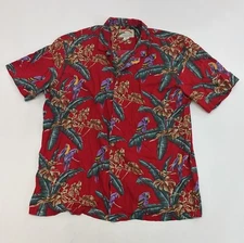 Vintage Paradise Found Hawaiian Shirt Mens 2XL Red  Button Up Magnum PI Parrots