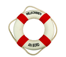 Deko Rettungsring Willkommen an Bord &Oslash; 15cm rot/wei&szlig; maritime Fischernetz-Deko
