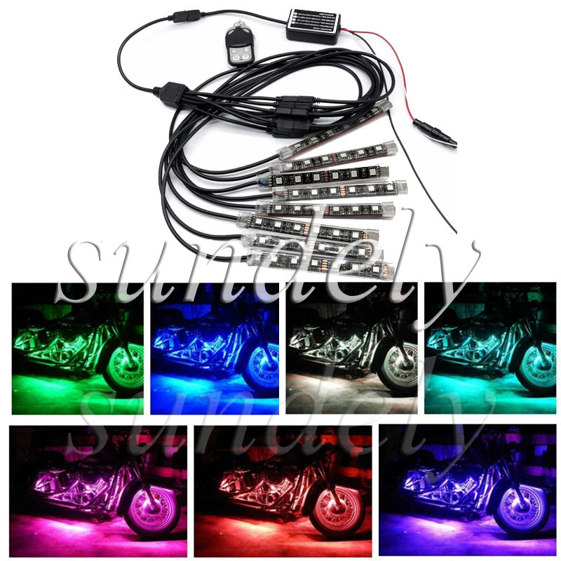 Tira de 8 piezas coche motocicleta ATV RGB LED control remoto bajo brillo Neo kit de luces multicolores Foto 3 de 4
