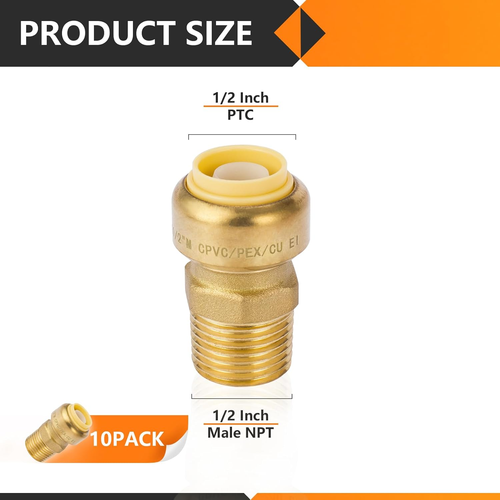 10-Pack Pushfit Male Adapter, 1/2" MNPT X 1/2" Push to Connect Plumbing Fittings - Picture 2 of 12