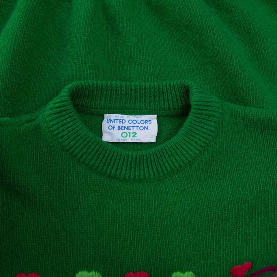 Vtg Benetton Sweater Kids 012 Green Embroidered Folk Motif Wool Girls Colorful - Image 4 of 4