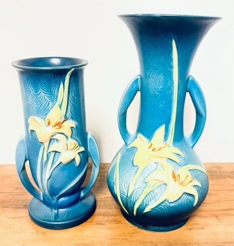 Set of 2 Vintage Roseville Pottery Zephyr Lily Blue Vase 133-8" & 137-10"