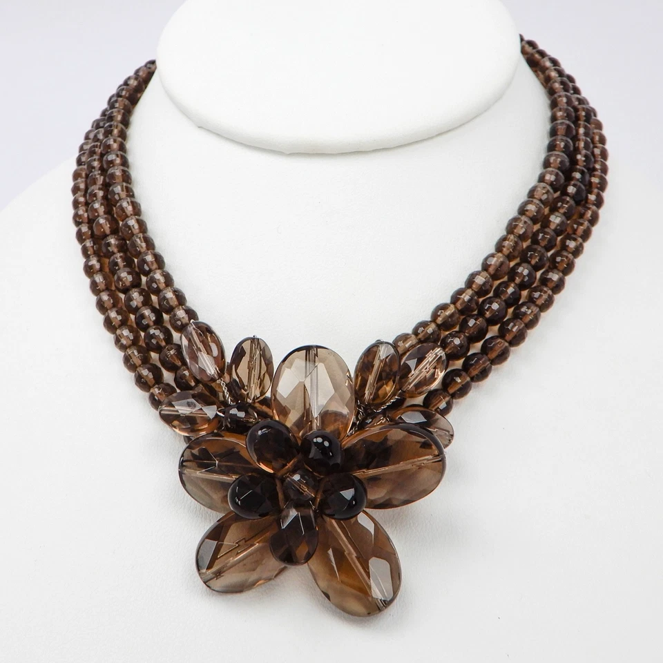 Collar gargantilla flor 5 hilos de plata de ley 925 topacio ahumado