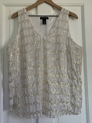 #ad White House Black Market Gold White Sleeveless Top Metallic Shimmer Silk XL $13.99